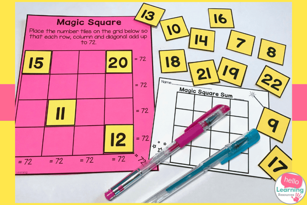 pink magic square puzzle board with hello number tiles