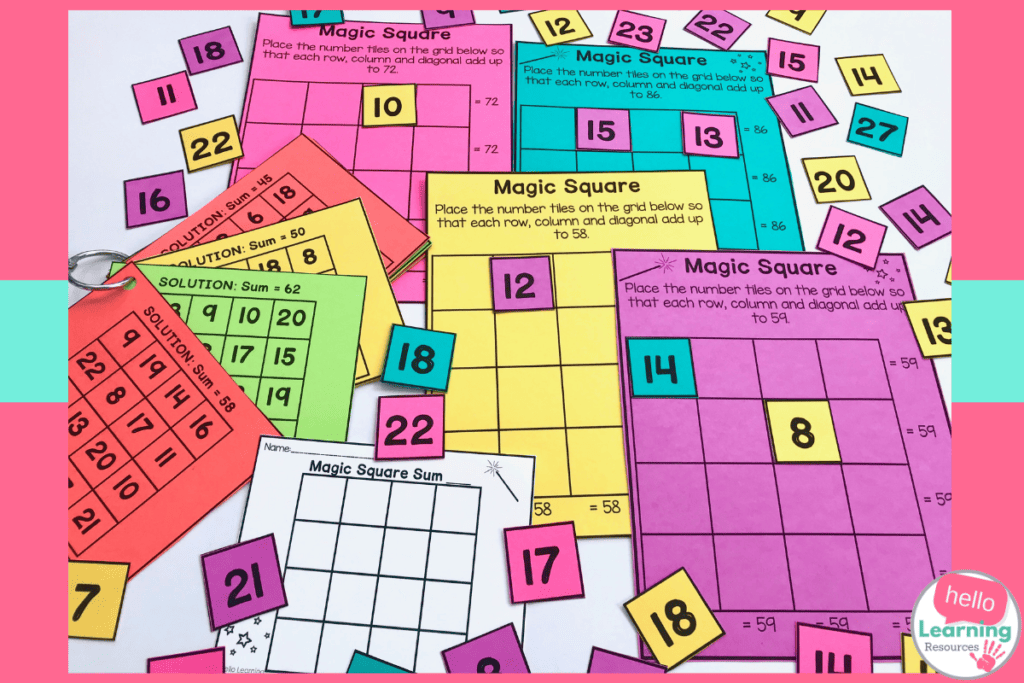 colorful magic square puzzles and tiles spread out on table