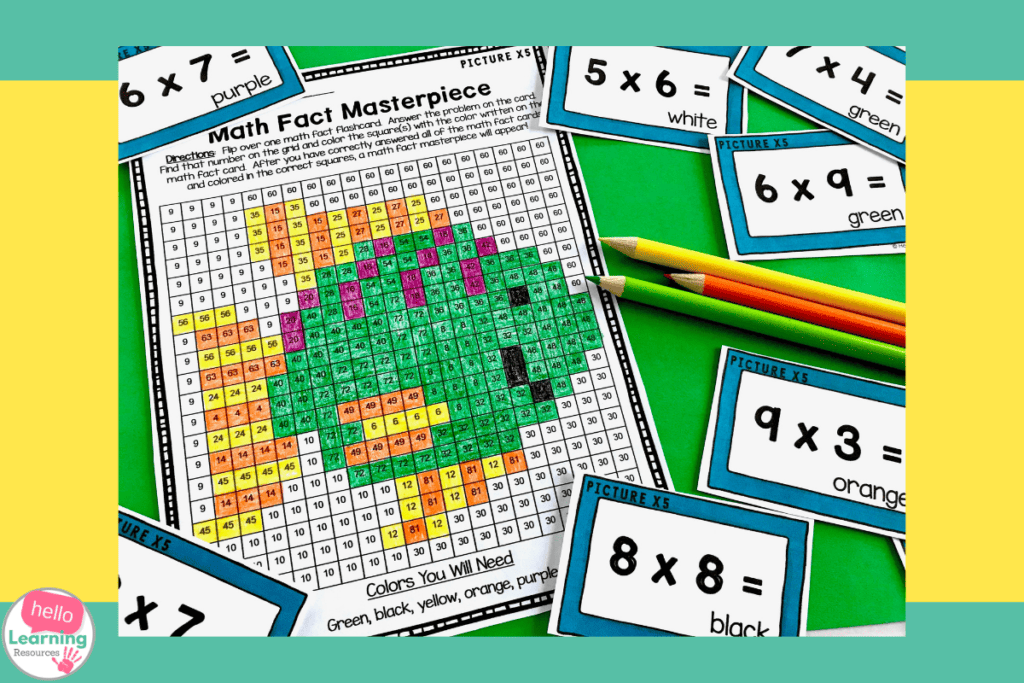 multiplication fact flashcards and hidden picture color by number