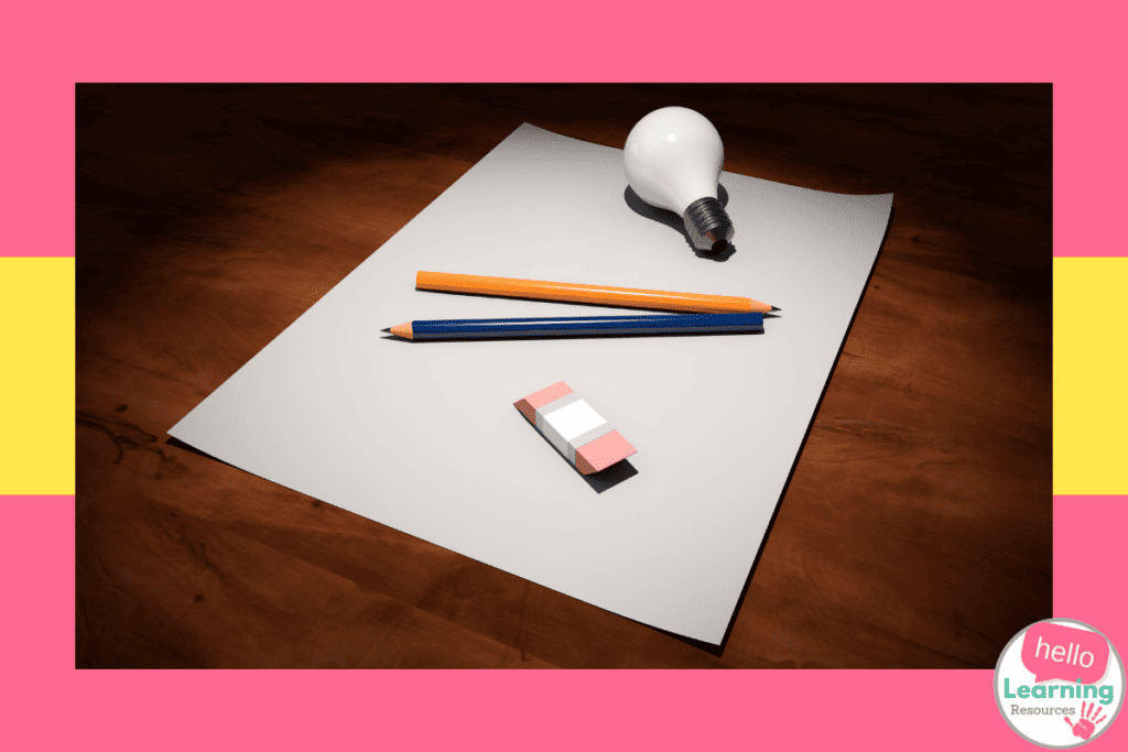  pencils, eraser and a light bulb on top of a piece of paper