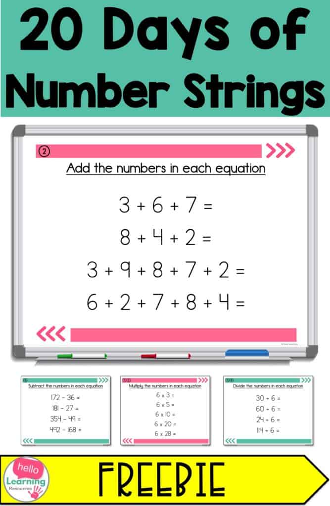 whiteboard screen with a number string set of problems displayed