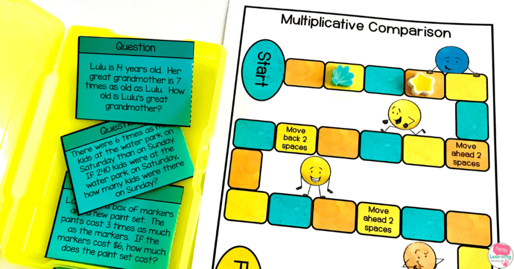 math game board and cards to practice multiplicative comparison