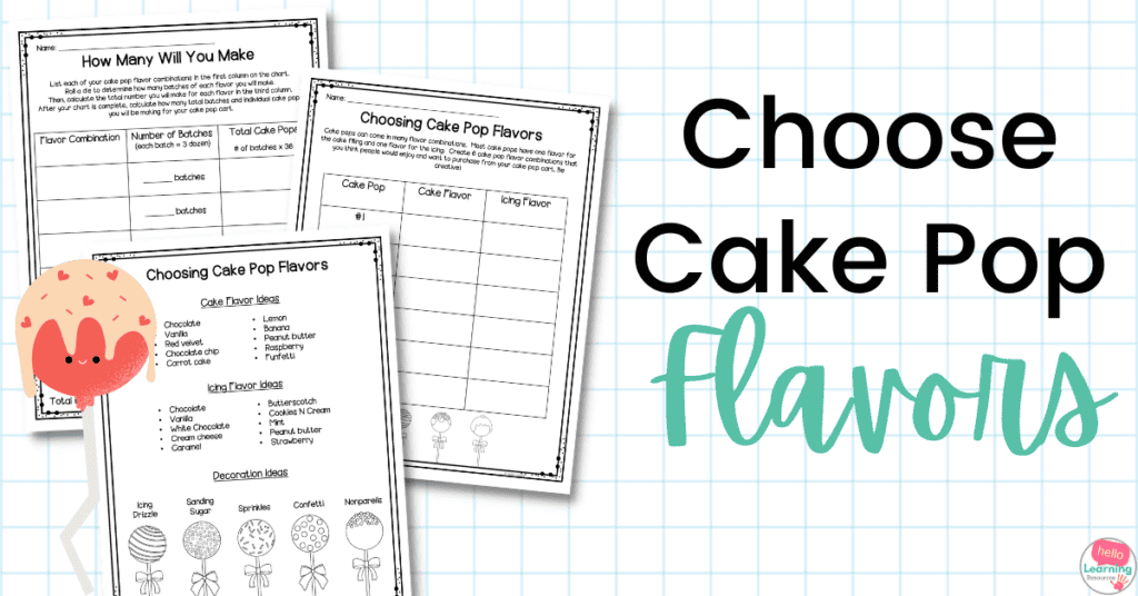 choosing cake pop flavors, three valentine's day math activity sheets and cake pop image