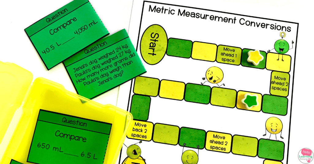 math game board and cards to practice metric measurement conversions
