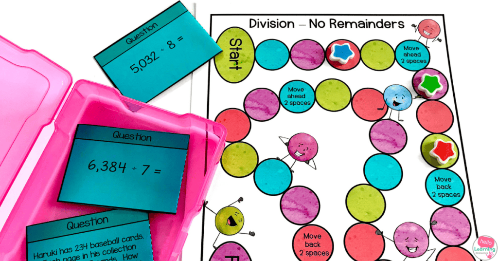 math game board and cards to practice long division with no remainders