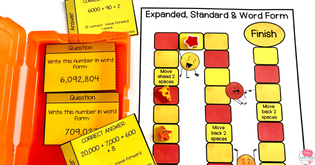 math game board and cards to practice expanded form, standard form and word form of numbers