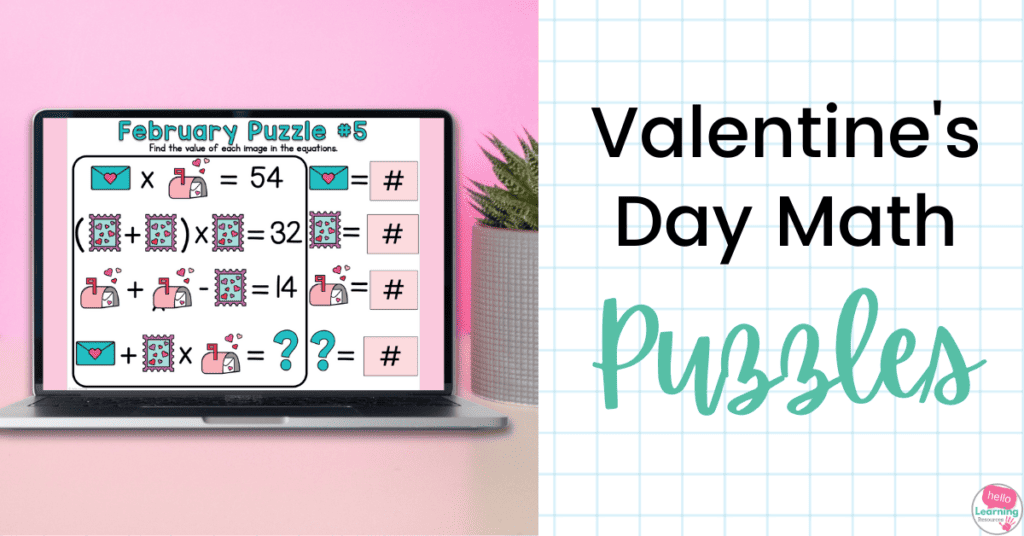 Valentine's Day math puzzle on laptop screen with pink background