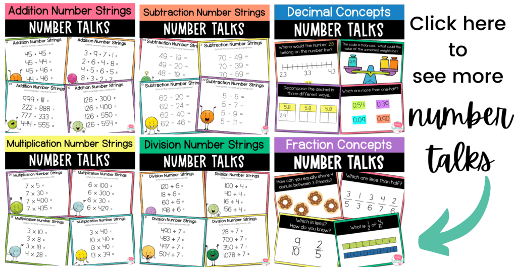 Image showing six ready to use number talk resources available in my Hello Learning Teachers Pay Teachers Store. Image links to resources.