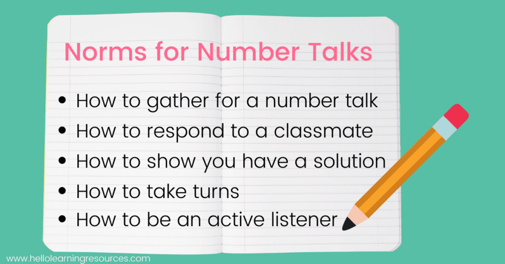 notebook with a bulleted list of class norms for number talks