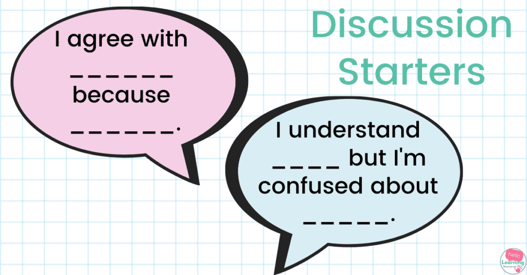 two discussion prompts in speech bubbles.  "I agree with __ because__" and "I understand __, but Im confused about __".
