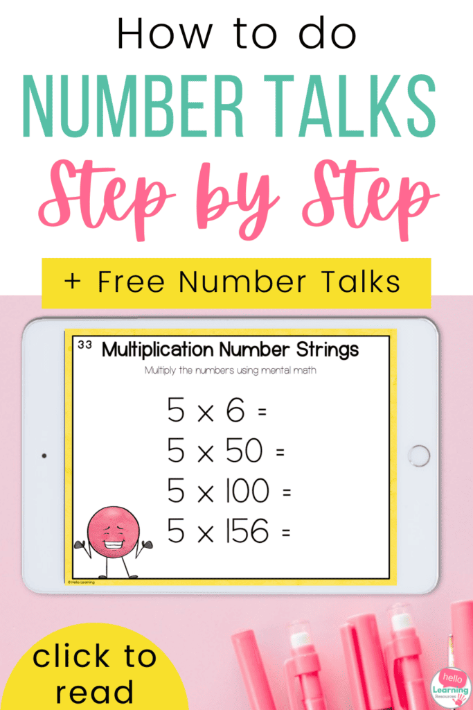 white iPad on pink background. Multiplication number talk shown and link to grab a free set of number talks