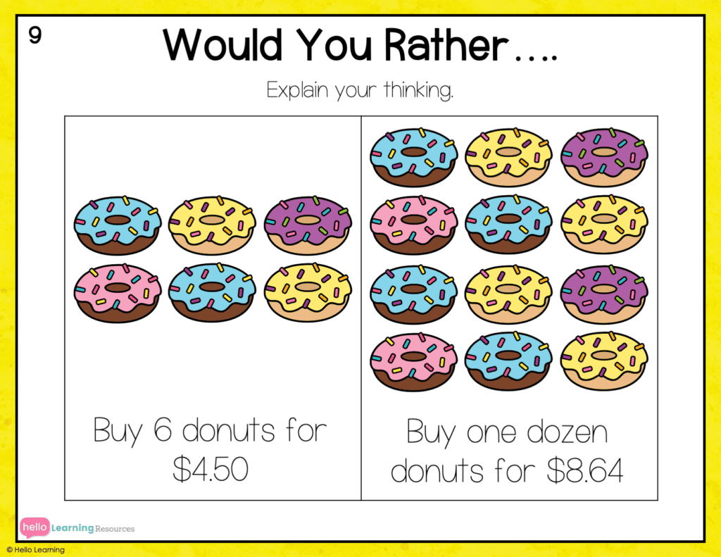 would you rather number talk image with 6 donuts for $4.50 and one dozen donuts for $8.64