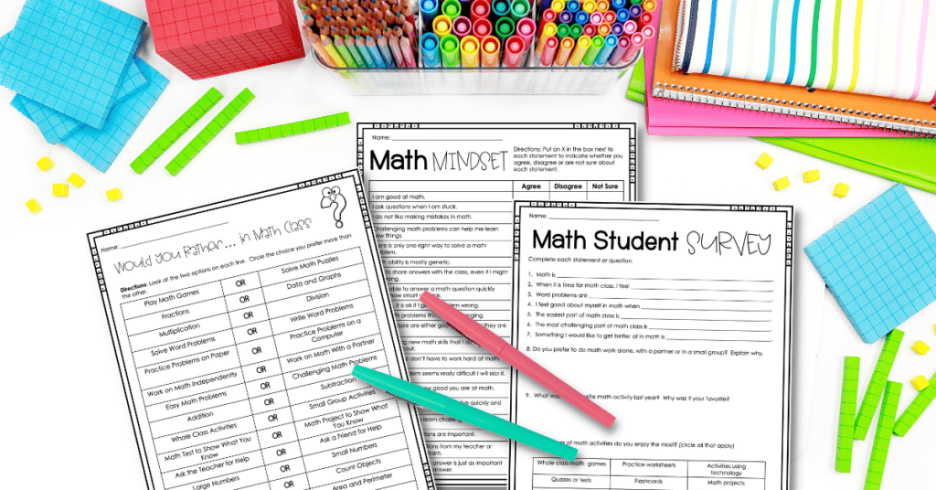 three back to school math surveys with colored pens