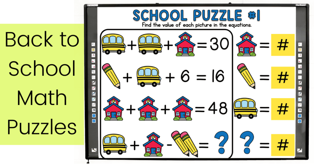 back to school math puzzle shown on a smart board