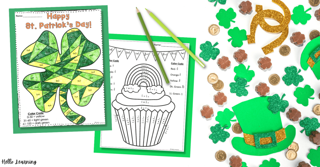 two St. Patrick's Day math color by number worksheets next to green colored pencils, and holiday decorations