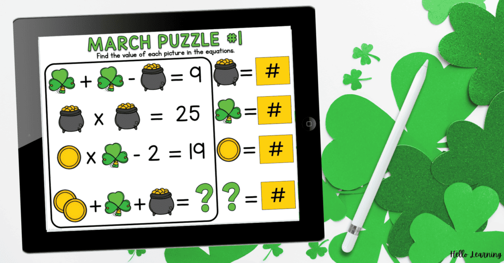 St. Patrick's Day math puzzle shown on an iPad next to shamrocks and an Apple Pencil