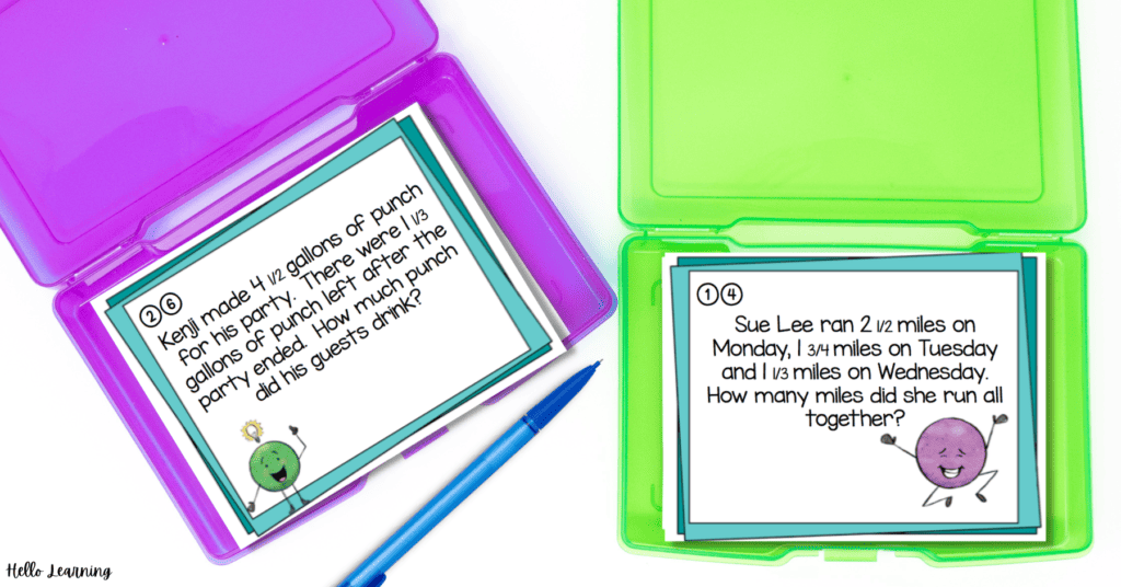 Adding and subtracting fractions word problems task cards inside of a green task card box and a purple task card box.