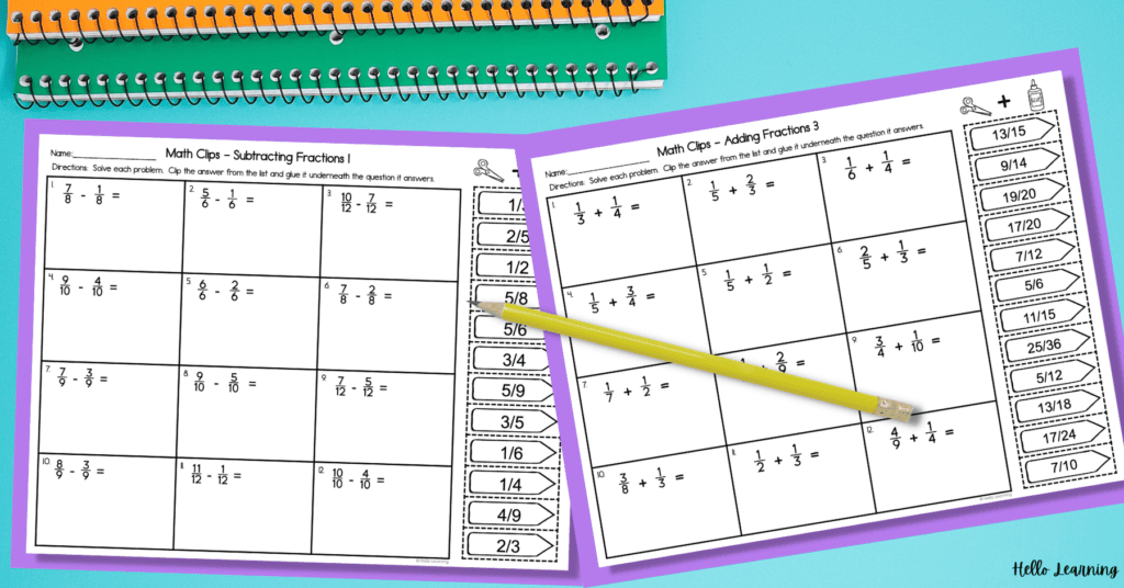 Adding and subtracting fractions matching worksheets next to two spiral notebooks