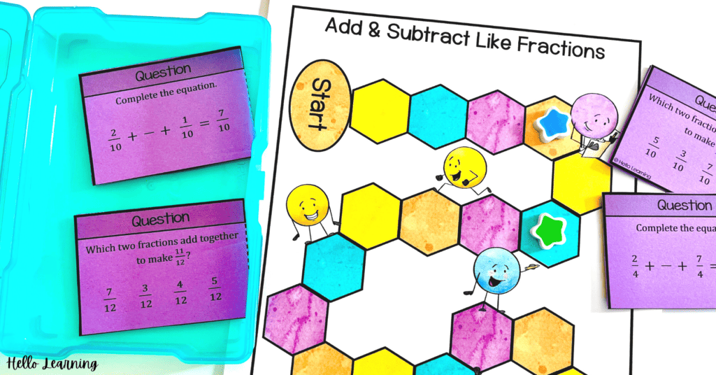 adding and subtracting like fractions game with game board and question cards