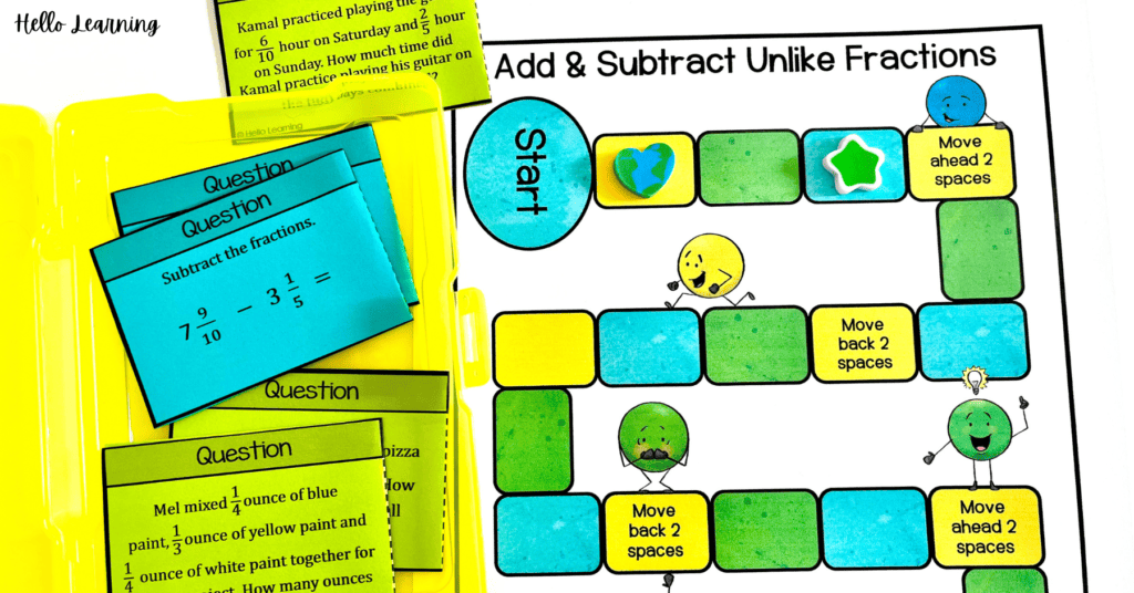 Adding and subtracting unlike fractions game with game board and question cards