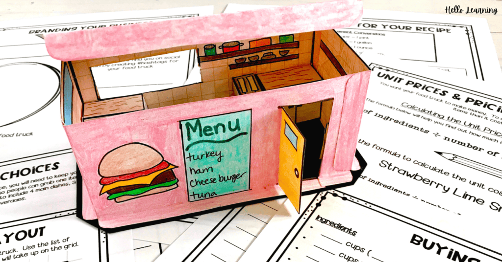 end of year activity design a food truck 3d model on top of student worksheets