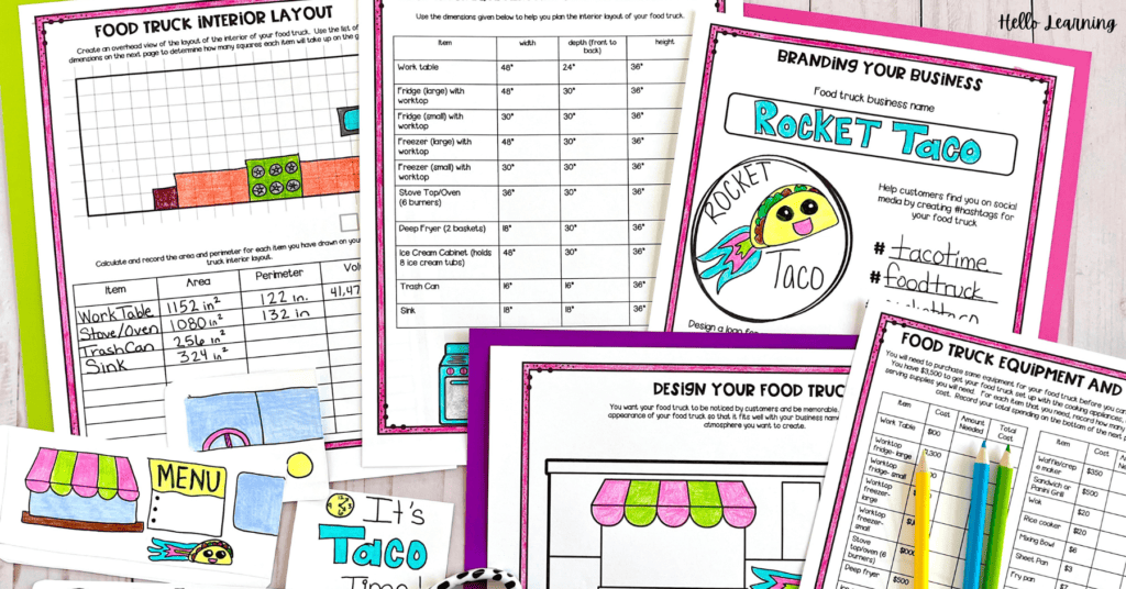 design a food truck math project printables for students laid out on colorful paper