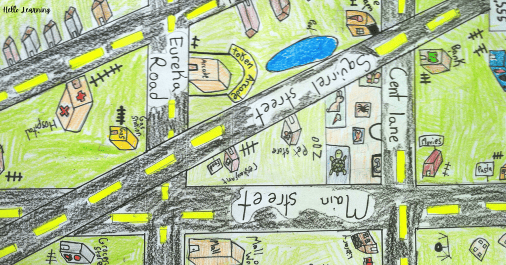 Geometry city city map with parallel lines, perpendicular lines, and different types of angles