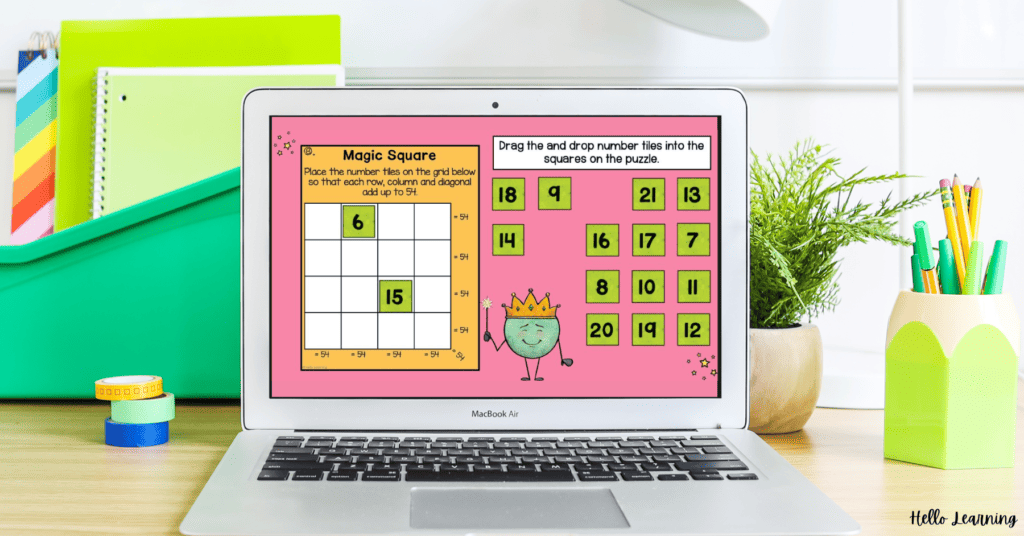 magic square digital puzzles shown on a laptop for an end of year activity in math class
