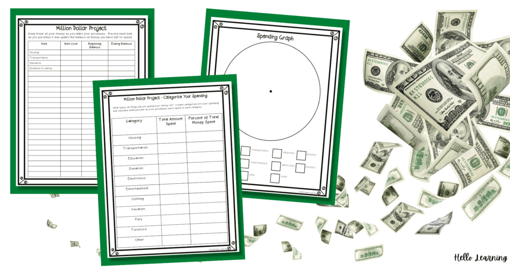 million dollar math challenge project worksheets for students to record and track how they spend their money