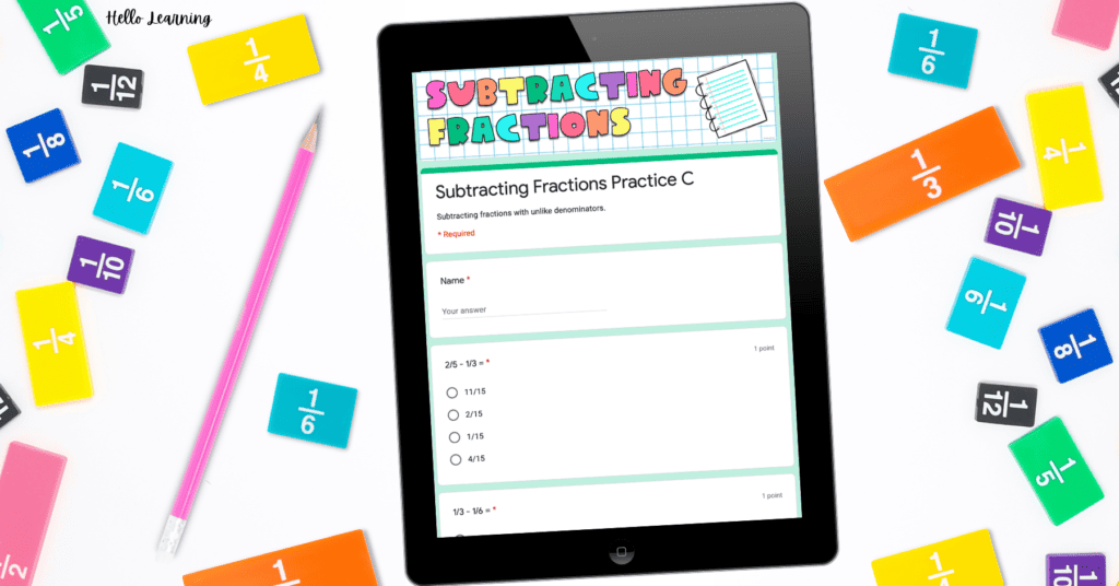 Subtracting fractions digital activity with a self-grading Google Form shown on an iPad with fraction tiles in the background