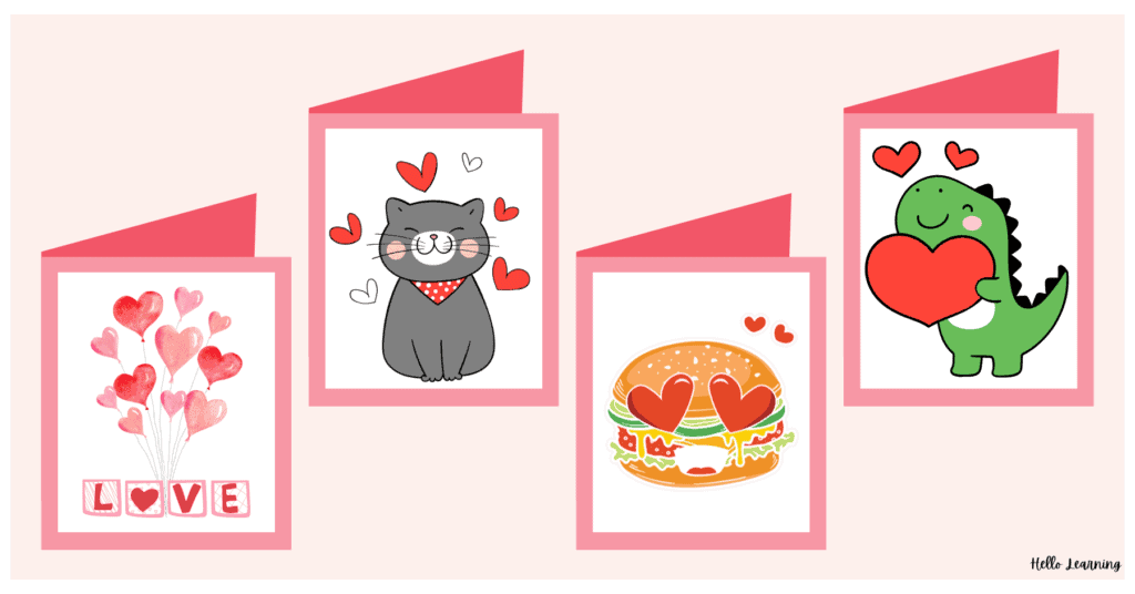 Valentine's Day cards with images of balloons, a cat, a dinosaur holding a heart and a hamburger with heart eyes