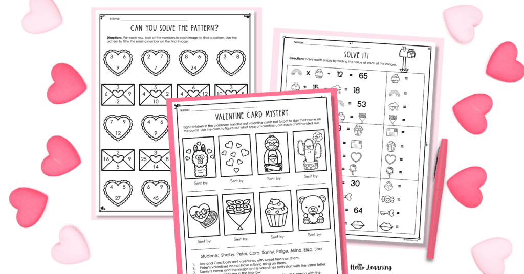 Valentine's Day math logic puzzles and brain teasers on a pink background with scattered pink hearts
