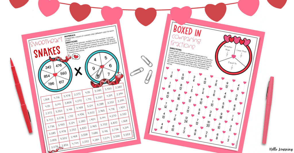 Valentine's Day math games for 4th grade fractions and multiplication on pink paper background