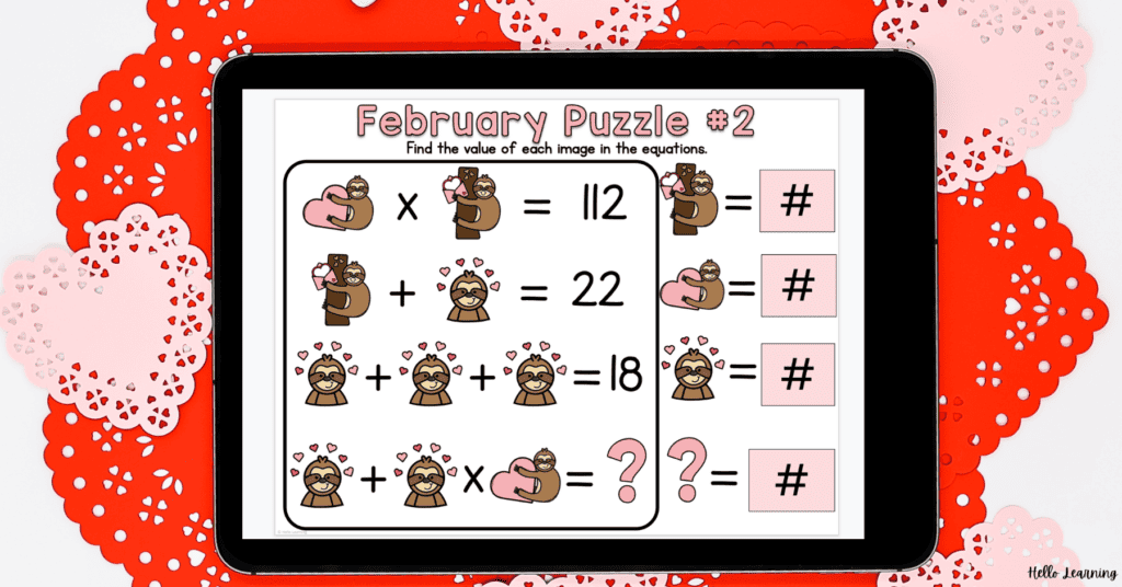 Valentine's Day math picture equation puzzle shown on an iPad on top of a red and pink heart background
