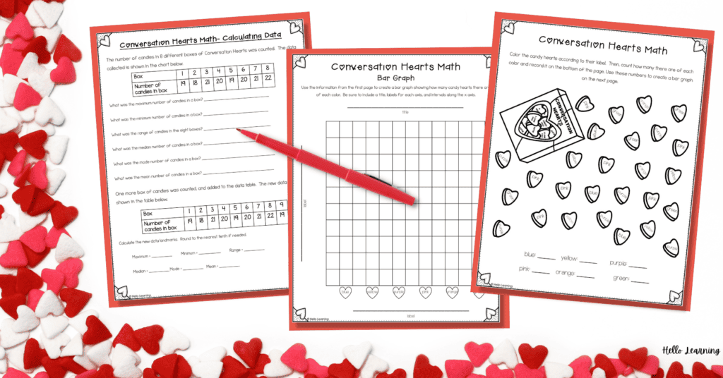 Valentine's Day math worksheets about conversation hearts on red paper background with felt hearts on the side