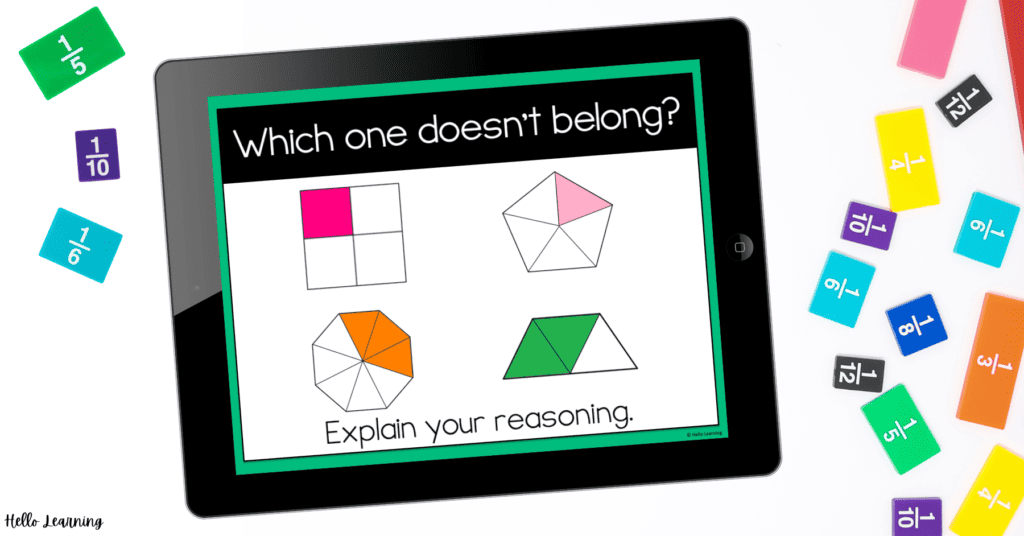 which one doesn't belong fraction number talk. Image an iPad shows four shapes divided into different fractions. Fraction tiles are in the background.