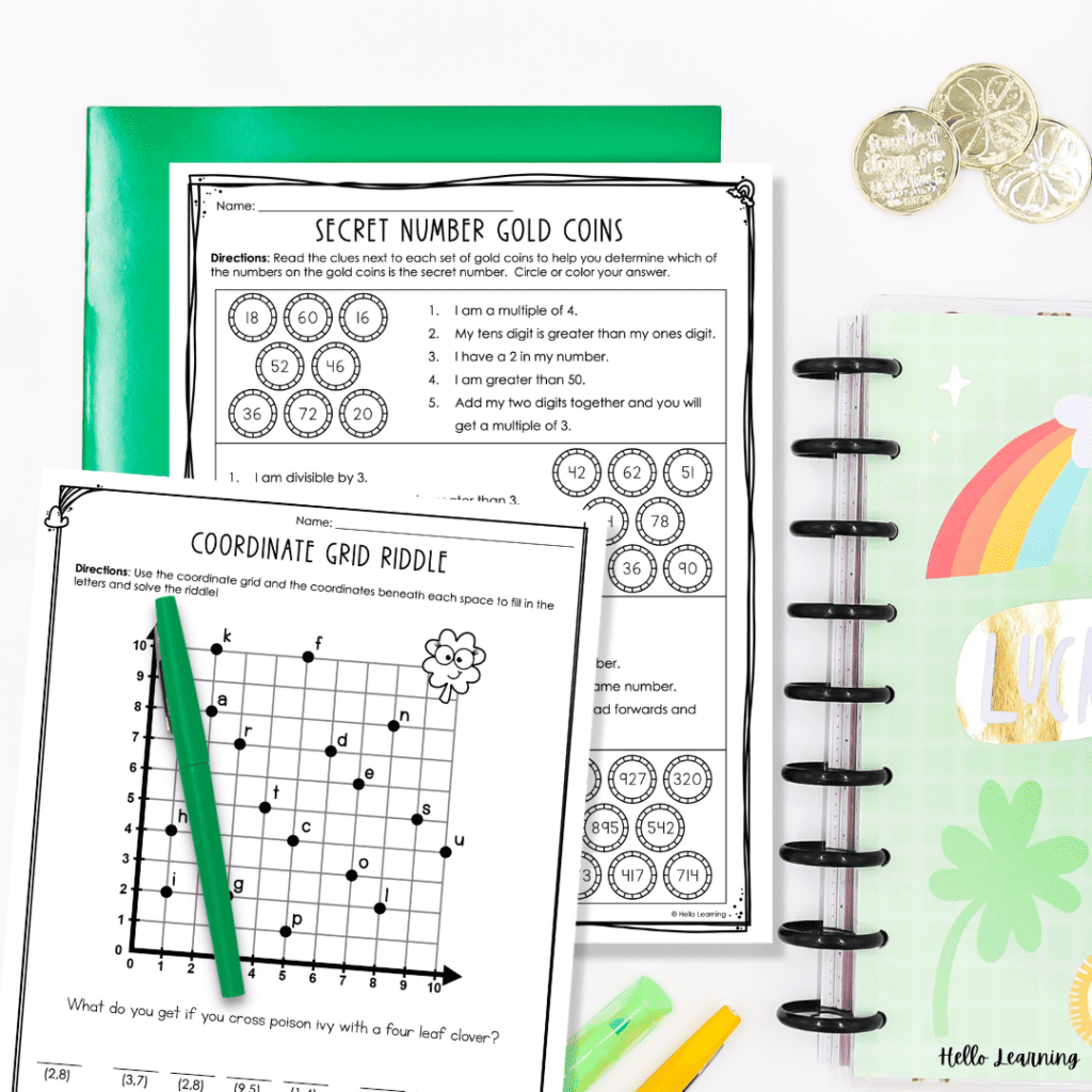 St. Patrick's Day math logic puzzles and brain teasers on top of a green folder