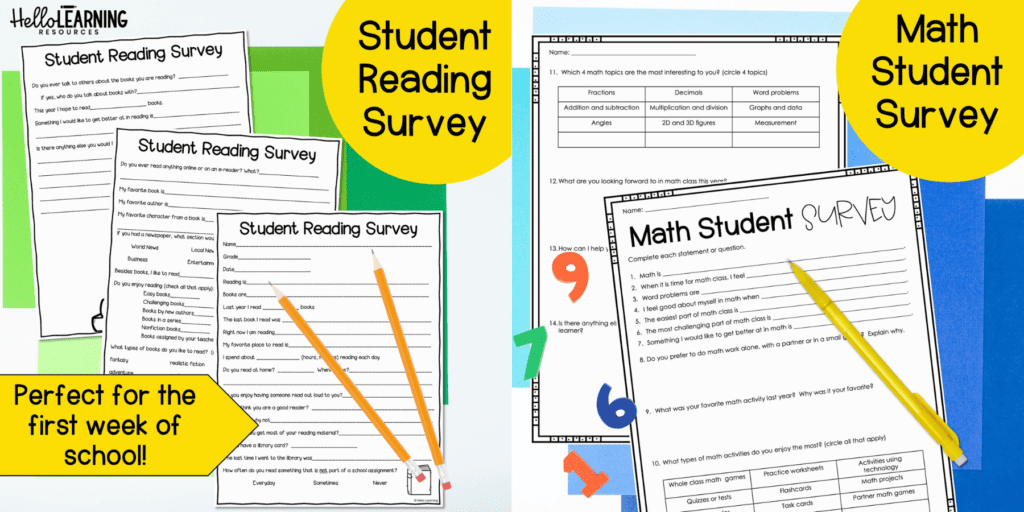 back to school student math surveys and student reading surveys to get to know students 