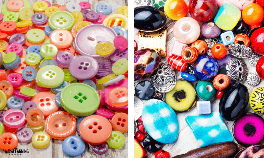 practice sorting and classifying skills with items like colorful buttons and beads