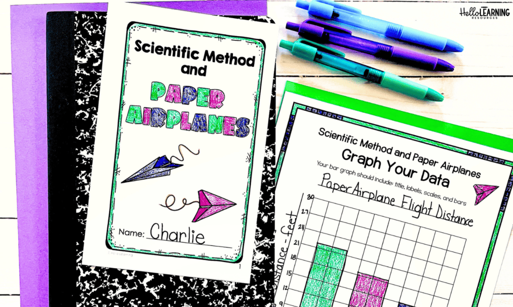 scientific method and paper airplanes experiment lab book and graphing data sheet