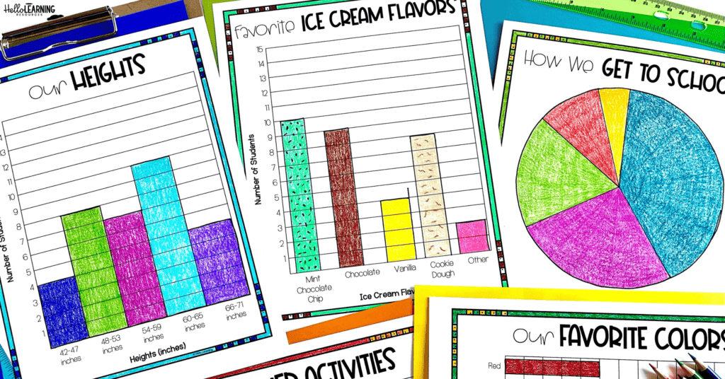 graphs about our class showing our heights, favorite ice cream flavors and how we get to school