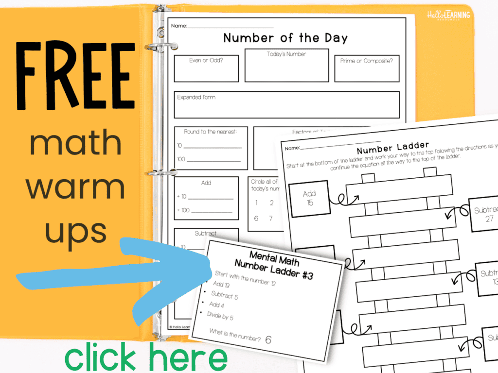 math warm up activity worksheets on top of an orange binder click to get a free set of math warm ups
