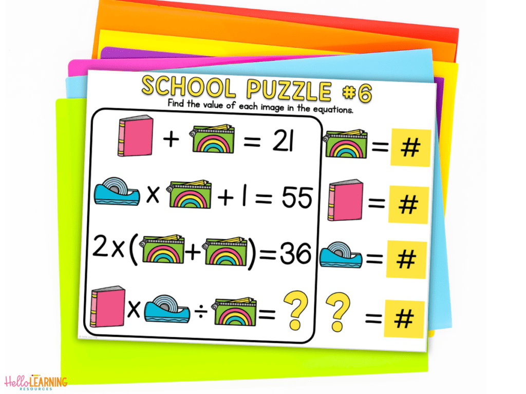 math warm up puzzle with school supply images creating an equation
