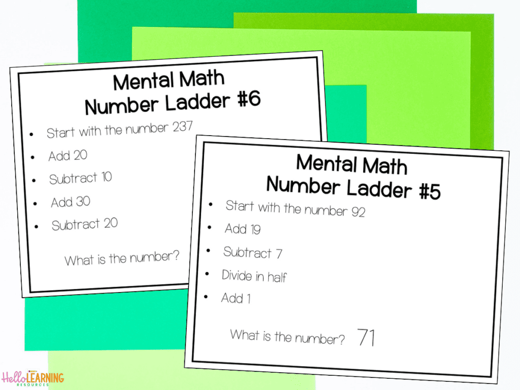 two mental math warm up problems on top of green paper