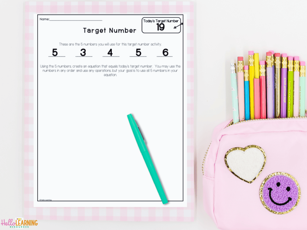target number worksheet to use as a fun math warm up activity