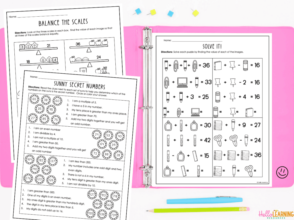 three math puzzles and brainteasers shown on top of a pink binder