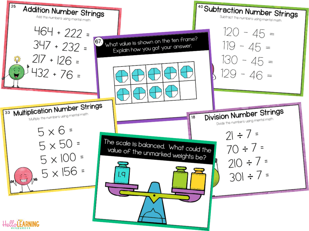 examples of number talks for fractions and decimals and number strings for addition, subtraction, multiplication and division