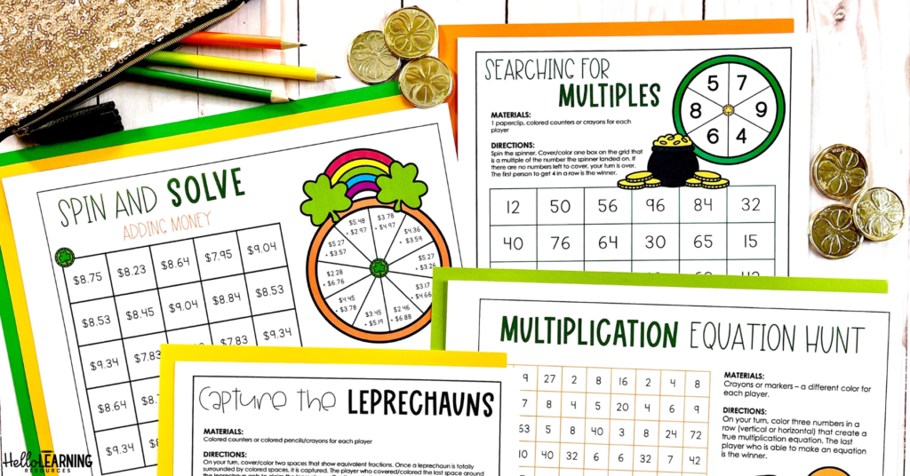 Four St. Patrick's Day math games for 4th grade that practice multiples, adding decimals and money, multiplication equations and equivalent fractions.