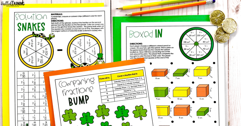 three printable St. Patrick's Day math games for 5th grade to practice comparing fractions, volume and subtracting fractions