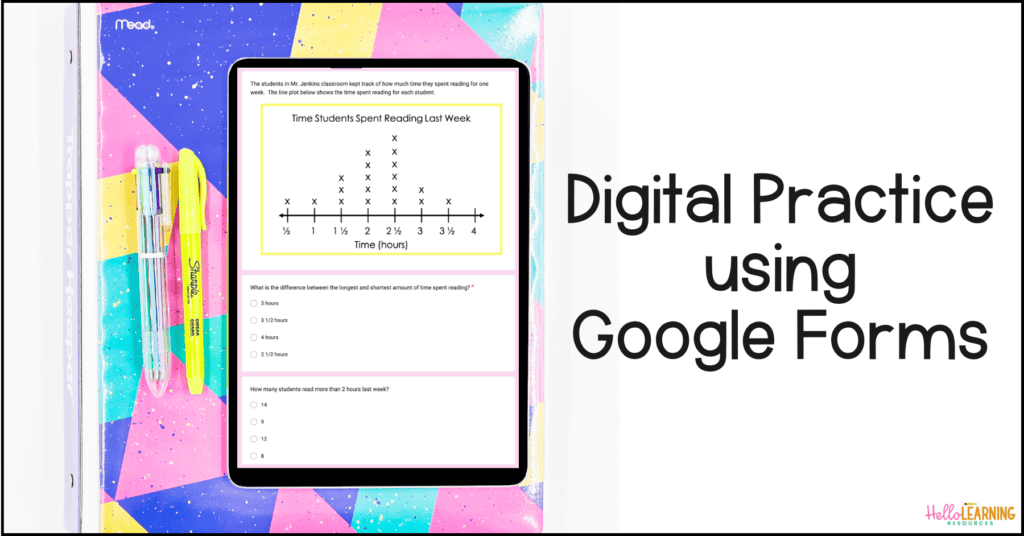 A google forms line plots practice activity on top of a pink and blue folder